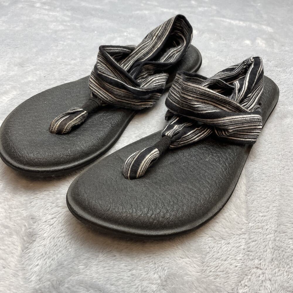 Sanuk Womens Yoga Mat Sandals 9‎ Black Stripe Slingback Platform Comfort Thongs